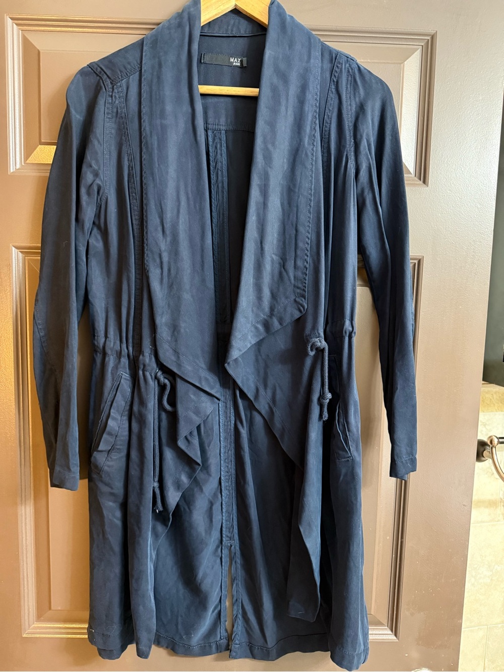 Max Jeans Navy Draped Open-Front Trench Coat